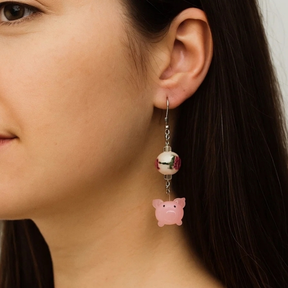 Handmade Cute Pink Pig Earrings with Floral Beads -Hypoallergenic